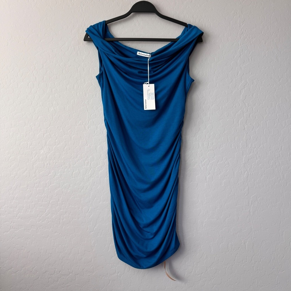 NWT Reformation Knit Dress Ruched Bodycon Raydon Peacock Blue Large Party